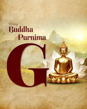 Buddha statue on a lotus flower with a mountain background and the text 'Happy Buddha Purnima'