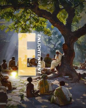 A painting depicting a spiritual teacher with followers in a lush green environment, with the word 'Enlightenment' prominently displayed.