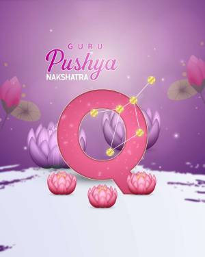 Illustration of the Pushya Nakshatra with lotus flowers and a large letter Q.