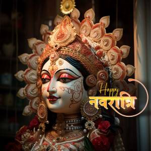 Close-up of Goddess Durga idol during Navratri celebrations