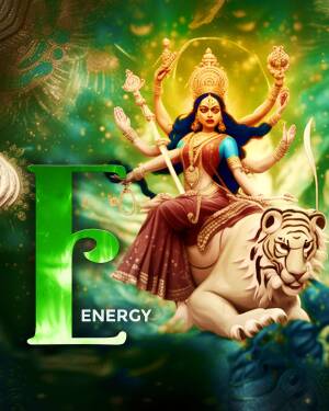 Digital art of Goddess Durga riding a tiger with the letter 'E' for Energy