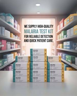 A stack of Malaria Test Kits in a pharmacy setting with text promoting high-quality kits and quick patient care.