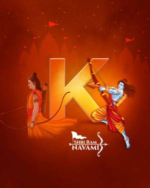 Illustration of Lord Rama drawing a bow with the letter 'K' in the background, celebrating Shri Ram Navami.
