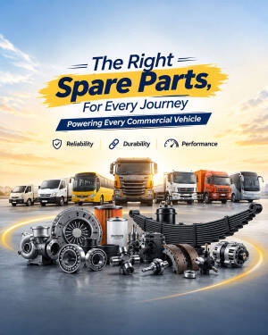 A collection of commercial vehicle spare parts arranged in front of a line of trucks and buses at sunset.