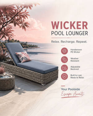 A premium wicker pool lounger set on a patio overlooking a tropical sea at sunset