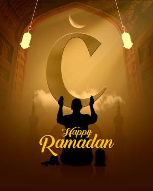 Silhouette of a person praying under a crescent moon with 'Happy Ramadan' text.