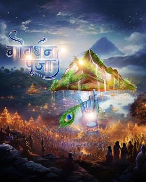 Illustration of Govardhan Hill lifting by Lord Krishna with devotees and lit lamps
