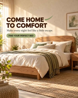 A cozy, sunlit bedroom with a wooden bed frame, textured bedding, and natural decor, featuring text overlay about home comfort.