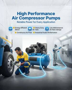 Technician using an air compressor pump to maintain a truck and a worker painting in an industrial setting