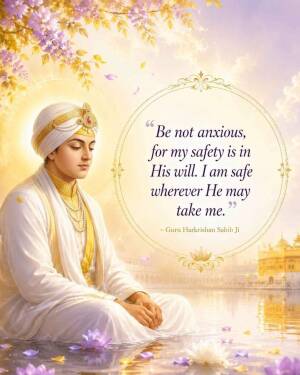 A peaceful painting of Guru Harkrishan Sahib Ji meditating with a spiritual quote about trust in divine will.