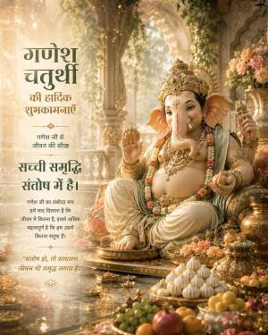 Lord Ganesha seated on a throne with decorative flowers and fruits, featuring traditional Indian text for Ganesh Chaturthi wishes.