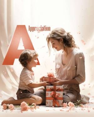 A mother and her young child exchanging gifts surrounded by flowers.