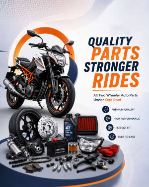 A collection of high-quality motorcycle parts including tires, brakes, battery, and oil arranged below a motorcycle