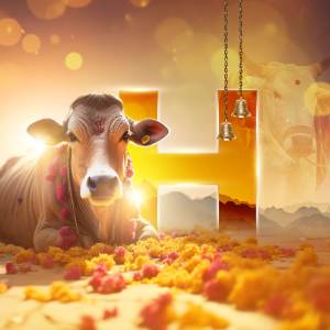 Image depicting a cow and the Devanagari letter 'He' with floral decorations, symbolizing the Hindu New Year.