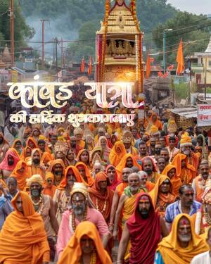Large crowd of Kanwar pilgrims in orange clothing walking towards a temple