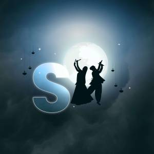 Silhouette of dancers celebrating Navratri with a large letter 'S' and a full moon backdrop.