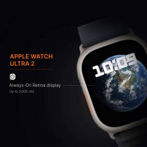 Close-up of the Apple Watch Ultra 2 displaying a world map on its Always-On Retina display.
