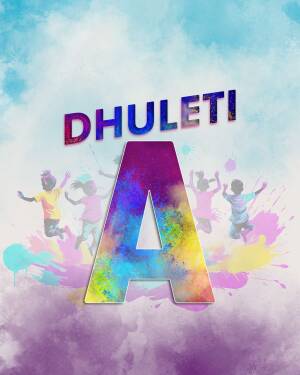 Colorful image with the letter 'A' and children playing with Holi colors.