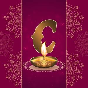 Golden letter C shaped like a lit diya lamp with intricate mandala patterns