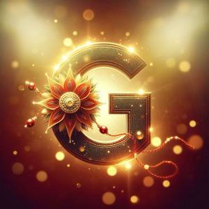 A shimmering golden letter G adorned with a red floral design and sparkling bokeh lights.