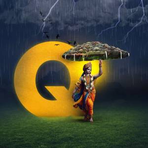Lord Krishna lifting Govardhan Hill during a storm