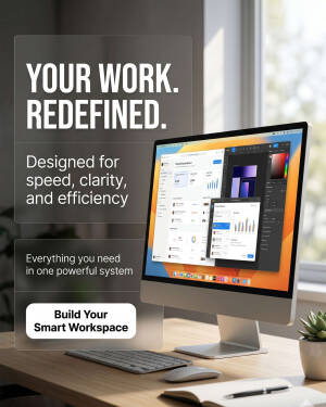 An Apple iMac on a desk displaying a productivity dashboard software interface with the text Your Work Redefined