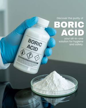A hand wearing a blue glove holding a bottle of Boric Acid with powder in a petri dish.