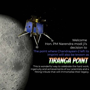 Image of Chandrayaan-2 lander near the lunar surface with text celebrating 'Tiranga Point'