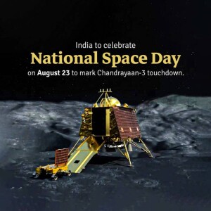 Chandrayaan-3 lander on the moon surface with text announcing National Space Day