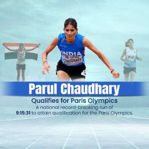 Parul Chaudhary, an Indian athlete, running on a track with the Indian flag in the background.