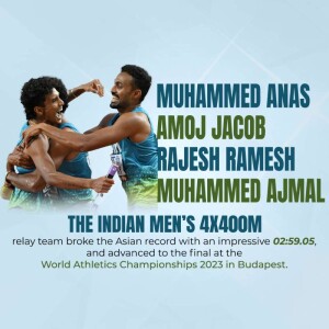 Indian athletes celebrating a record-breaking performance in the 4x400m relay at the World Athletics Championships 2023.