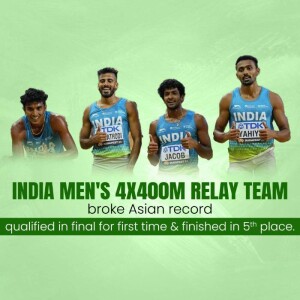 Four Indian athletes in running gear celebrating a record-breaking performance