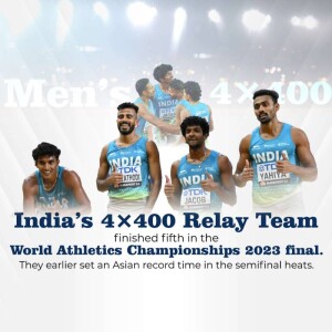 Indian men's 4x400m relay team celebrating after finishing fifth at the World Athletics Championships 2023.