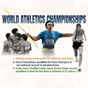 Neeraj Chopra celebrating a javelin throw with other Indian athletes, World Athletics Championships
