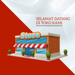 Cartoon illustration of a store building with a red and white awning and the text 'Selamat Datang Di Toko Kami' (Welcome to Our Store)