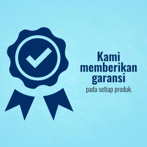 Blue badge with a checkmark and text 'Kami memberikan garansi pada setiap produk'