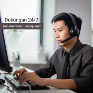 A young Asian man wearing a headset working at a computer, providing customer support.