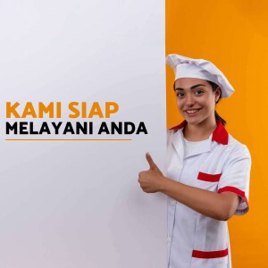 Smiling female chef giving a thumbs up next to a blank banner with text in Indonesian.