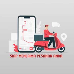 Illustration of a delivery driver on a scooter with a phone displaying a map and delivery route.