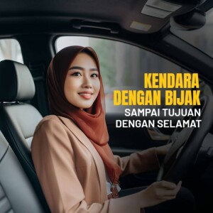 A young woman smiling while driving a car, with text overlay promoting safe driving.