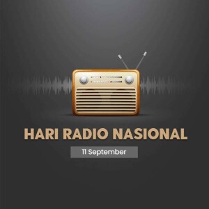 Vintage radio with sound waves and text 'Hari Radio Nasional'