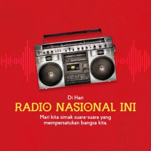 Vintage boombox with sound waves and Indonesian text promoting Radio Nasional Ini.