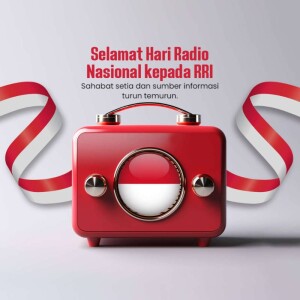 Red vintage radio with Indonesian flag colors and ribbons