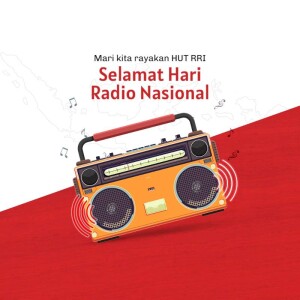 Illustration of a vintage radio with sound waves and Indonesian map in the background, celebrating National Radio Day.