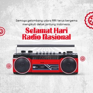 Vintage radio with Indonesian text celebrating National Radio Day