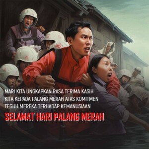 A digital painting depicting people in distress being helped by Red Cross volunteers.