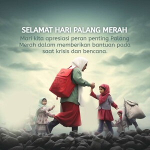 Image depicting a woman and children walking through rubble with a Red Cross message.