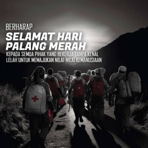 Red Cross workers walking on a path with backpacks, celebrating Red Cross Day.