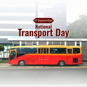 Image commemorating National Transport Day with a bus in front of a building