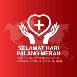 Red heart with a plus sign in hands over a world map, celebrating Red Cross Day.